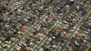 Isis Avenue neighborhood, near LAX, Del Aire, Hawthorne, Los Angeles, California, USA - aerial
