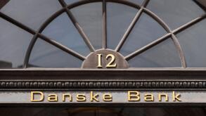 Lettering Danske Bank, largest Danish bank with headquarters in Copenhagen, Denmark