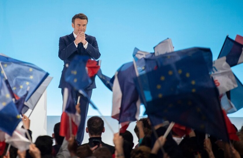 France. 11th Apr, 2022. French President and La Republique en Marche (LREM) party candidate for re-election Emmanuel Macron addresses sympathizers after the first results of the first round of France's presidential election at the Paris Expo Porte de Vers