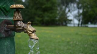 Brass dragon water tap in park with water to enjoy