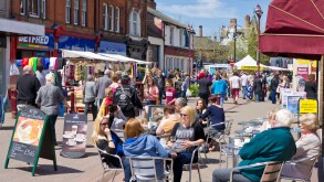 Busy Market place on Market day in Long Eaton Derbyshire England UK GB EU Europe