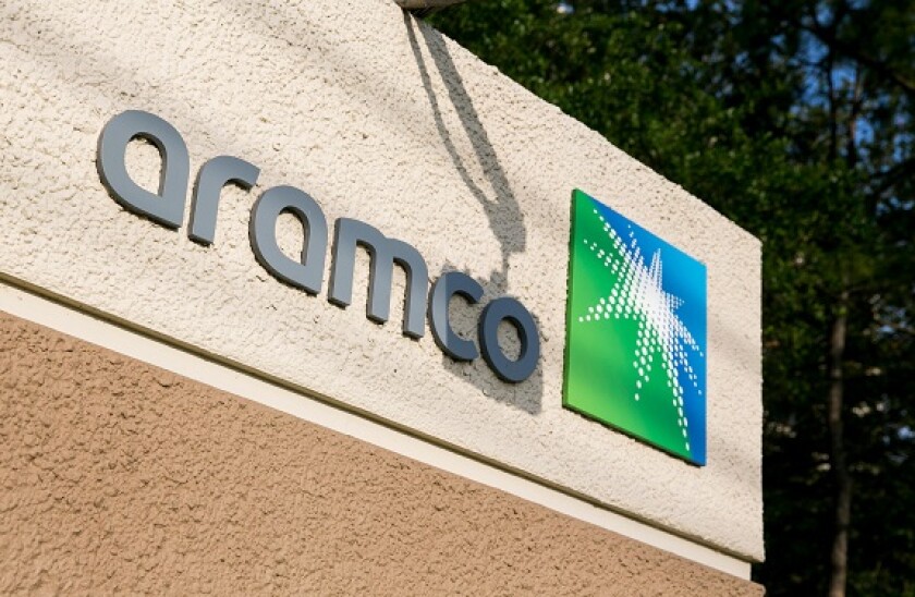 A logo sign outside of a facility occupied by Saudi Aramco in Houston, Texas, on May 27, 2017.