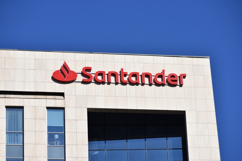 Santander bank signage, logo, symbol on the facade of Santander