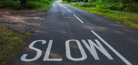 England, Hampshire, New Forest, Empty Road with Slow Sign and Trees