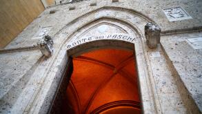 The vaulted ceiling inside the entrance of Monte dei Paschi di Siena bank headquarters on the Piazza Salimbeni in Siena, Italy