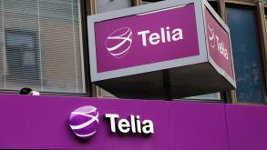 Sundsvall, Sweden - May 30, 2016: The Telia retail shop sign above the entrance to its shop at Storgatan street.