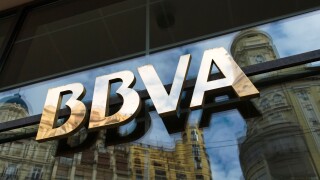 Sign above entrance of Spanish bank BBVA in Valencia city. Spain
