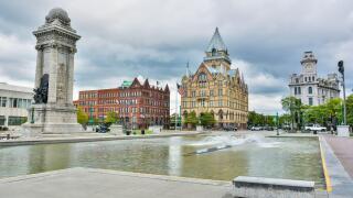 Syracuse, New York, USA ? September 14, 2016. View of the Clinton Square in Syracuse, NY, with Soldiers and Sailors Monument, Third National Bank buil
