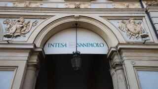 Turin, Italy - June 16,  2018: branch of the bank Intesa San Paolo with headquarters in Turin - IT