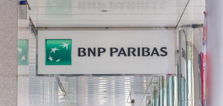BNP Paribas bank logo installed on top of a ground floor ceiling for marketing purpose. Singapore.