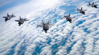 F-35 Lightning II's fly in formation during a training flight