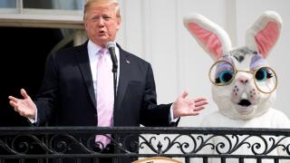 United States President Donald J. Trump, accompanied by the Easter Bunny, delivers remarks at the White House Easter Egg Roll at the White House in Washington, DC on April 22, 2019. Credit: Kevin Dietsch/Pool via CNP /MediaPunch