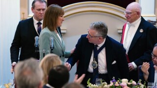 Chancellor of the Exchequer Rachel Reeves shakes hands with Lord Mayor of the City of London Alastair King at the Annual Financial and Professional Services Dinner at Mansion House, London. Picture date: Tuesday July 15, 2025.