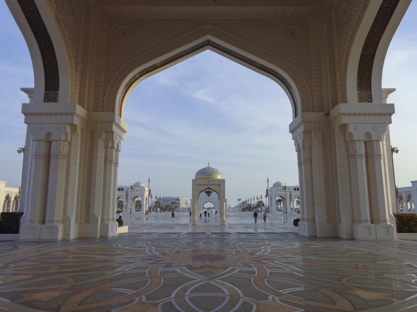 ABU DHABI, UNITED ARAB EMIRATES - Feb 10, 2020: Oriental architecture, gallery of Qasr Al Watan, Presidential Palace, Abu Dhabi