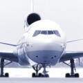Airliner on runway large three angine jet Selective focus lens Conceptual Blue Tone