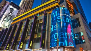 Morgan Stanley global headquarters at night at 1585 Broadway in Manhattan, New York City