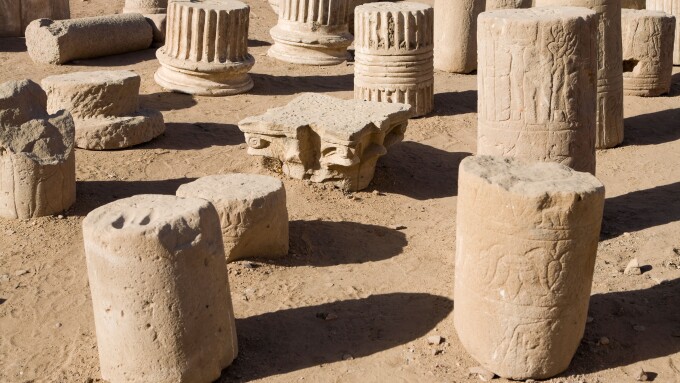 Broken pillar sections in the open air museum at the Temple of Edfu Egypt