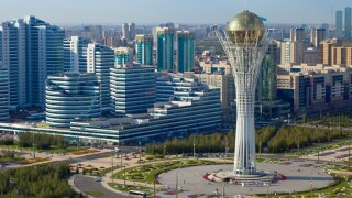 Kazakhstan, Astana, View of City Center looking towards the Bayterek Tower