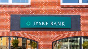Frederikshavn, Denmark - July 11 2019: Logo of Jyske Bank in Frederikshavn.