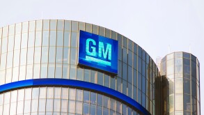General Motors logo on the headquarters building in downtown Detroit