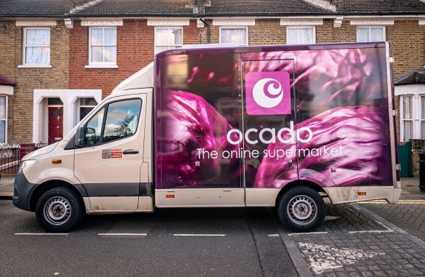 Ocado truck- British online supermarket food delivery company- London