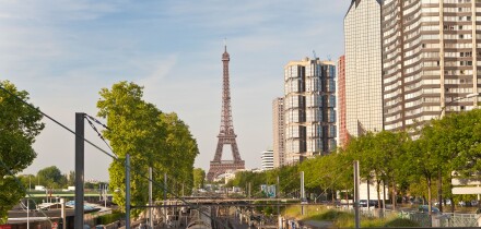 France, Paris, Train Station with High-rise Buildings on the Left Bank and Eiffel Tower