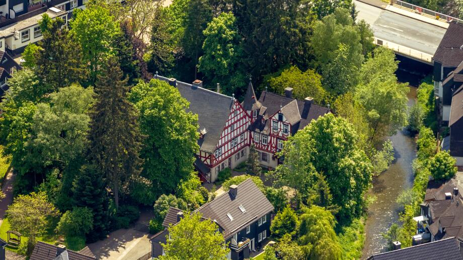 Aerial view, Ludwigsburg, red and white half-timbered house near Canal Street and Emil-Wolff-StraBe, Bad Berleburg, Siegen-Wittg