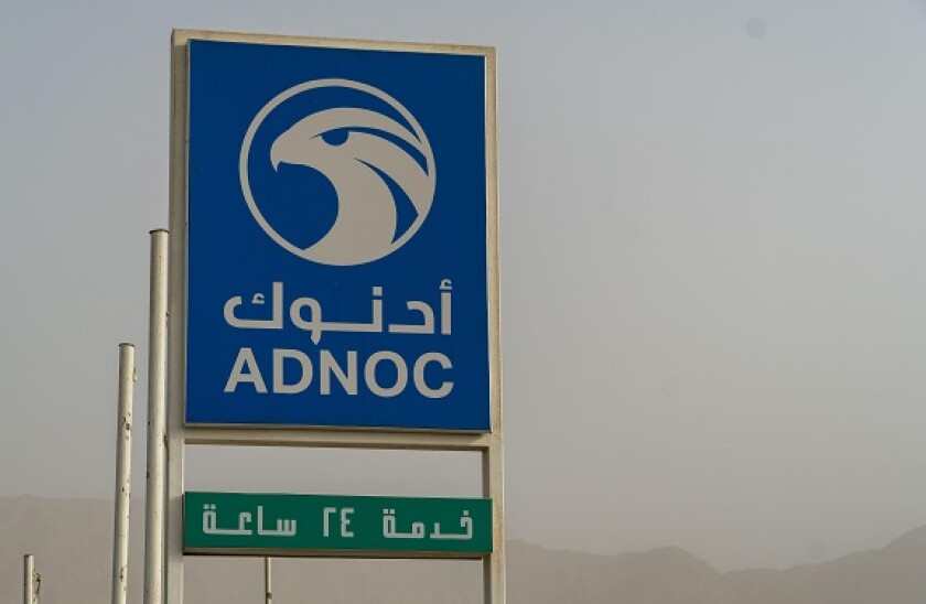 Adnoc Gas Station blue sign a petrol gas station in the Middle East.Copy right.