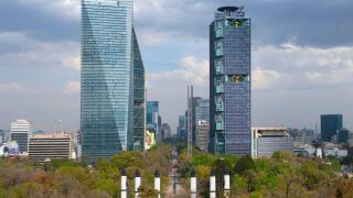 Torre Mayor and Torre BBVA on Avenue Paseo de la Reforma aerial view from top of Chapultepec Hill in Mexico City CDMX, Mexico.