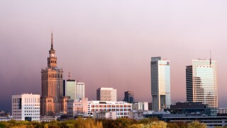 Warsaw, capital city of Poland cityscape, just before the sunset, featuring Palace of Culture and Science, Srodmiescie district.
