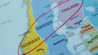 Scandinavian countries and Nordic region on map marked with a pen, Norway Sweden Finland travel route on map with red pen, travel idea, vacation