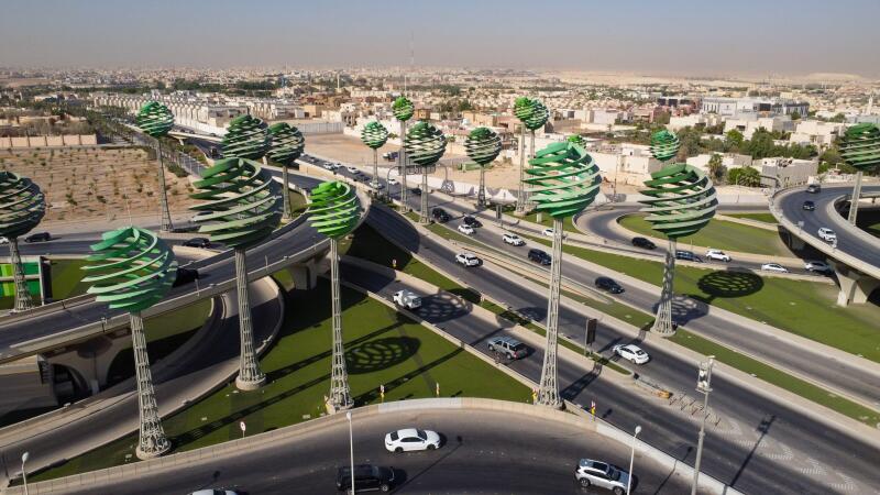 Riyadh City Saudi Arabia , Drone view of busy motorway The Green Field KSA - Drones Photography