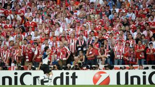 Inter Milan forward Diego Milito celebrates scoring as he runs past Bayern Munich fans during the Champions League final soccer match between Bayern Munich and Inter Milan at the Santiago Bernabeu stadium in Madrid, Saturday May 22, 2010. (AP Photo/Daniel