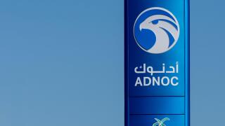 "Ras al Khaimah, RAK/United Arab Emirates - 12/22/2019: Adnoc Gas Station blue sign a petrol gas station in the Middle East."
