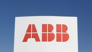 Odense, Denmark - April 9, 2017: ABB logo on a panel. ABB is a Swedish-Swiss multinational corporation operating mainly in robotics