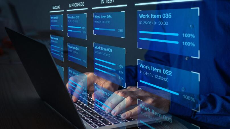 Agile software development with developer using Kanban board framework methodology on computer. Lean project management tool for fast changes, devops