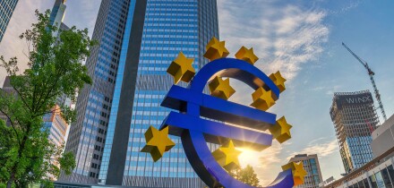 Frankfurt, Germany - July 9, 2017: sunrise city skyline at European Central Bank (ECB) and Euro Sign