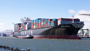 Hanjin shipping container ship entering port of Oakland - California USA