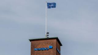 Aarhus, Denmark - 24 March 2020: The logo of the Nordea building in Aarhus.