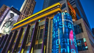 Morgan Stanley global headquarters at night at 1585 Broadway in Manhattan, New York City