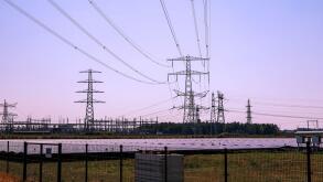 High voltage powerlines of Tennet at powerstation Hessenweg in Zwolle in the Netherlands