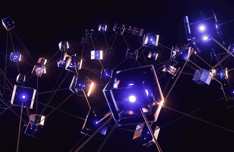 A network of interconnected blocks and lights depicting cryptocurrency blockchain data on a dark background - 3D render