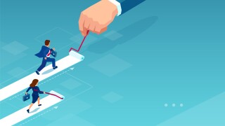 Vector of a business woman painting her own career path while businessman being supported by corporate culture