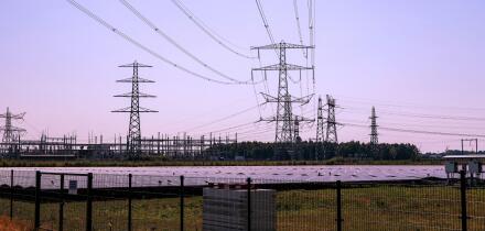 High voltage powerlines of Tennet at powerstation Hessenweg in Zwolle in the Netherlands