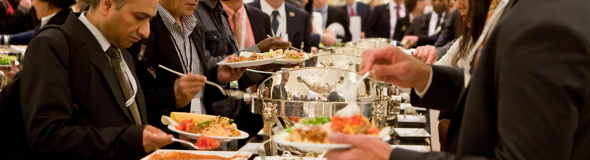 Hotel lunch buffet line during a business event - USA