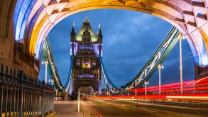 Bridge Tower night view from the bridge, London United Kingdom. A combined bascule and suspension bridge which crosses the River