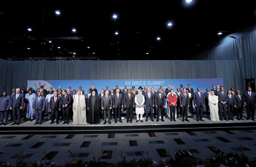 Johannesburg, Gauteng, South Africa. 24th Aug, 2023. BRICS leaders with new members and delegates during the closing day of the BRICS Summit at the Sandton Convention Center. The BRICS leaders announced they would welcome six new members in January 2024: