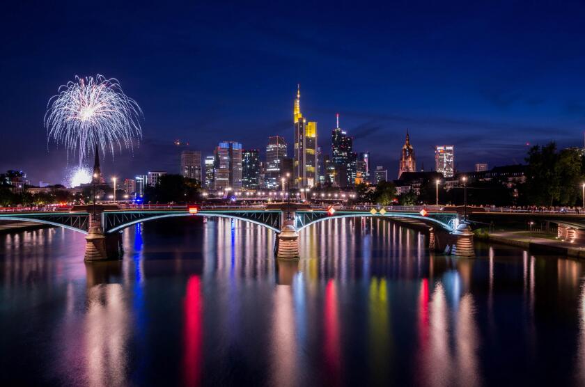 Frankfurt am Main, Hessen, Germany - August 07, 2017: Fireworks in Frankfurt am Main city during Mainfest in Frankfurt, Germany