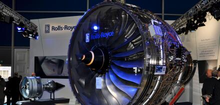 Rolls Royce Engines trade stand at the Farnborough International Airshow trade fair 2012, UK, with a Trent 1000 aero engine on display