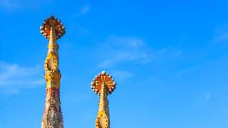 View of the Sagrada Familia spires and Barcelona city centre in the distance, Barcelona, Catalonia, Spain